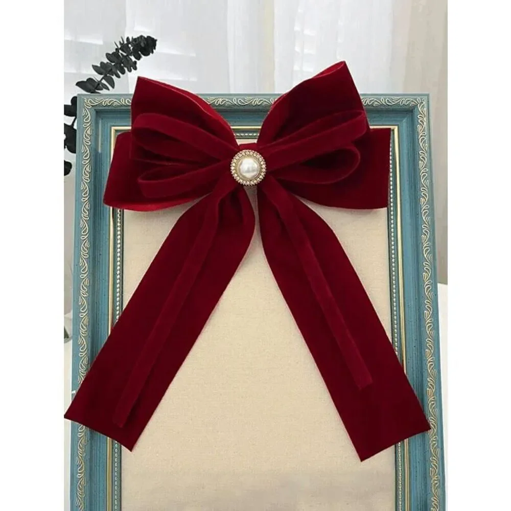 🎀 Red Velvet Pearl Accent Big Bow Hair Accessories Barrette Clip NEW